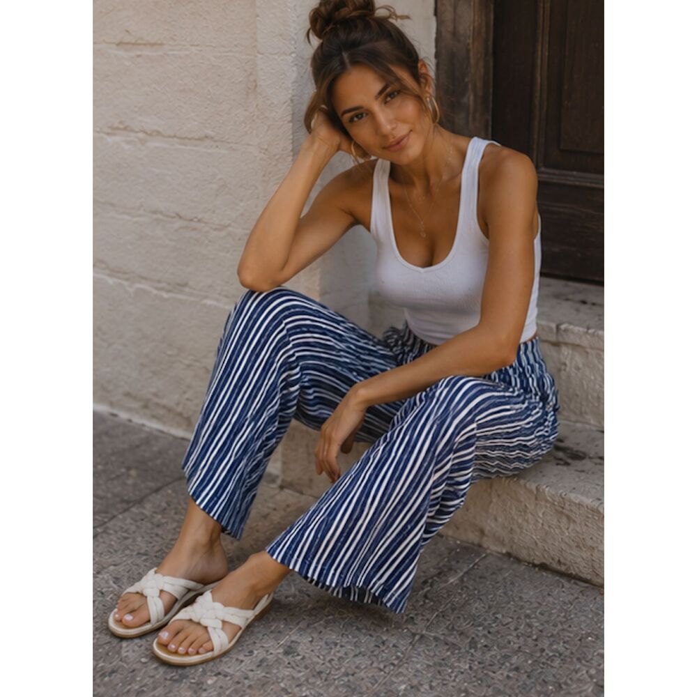Monrow Revolve High Waisted Flare Sweatpants XL Striped Lounging Casual Navy